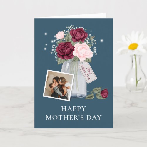 Blue Red Pink Floral Photo Happy Mothers Day Card