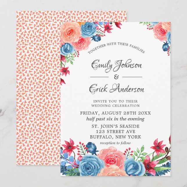 Blue Red Pink Orange Peony Wedding Invitation (Front/Back)