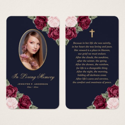 Blue Red Pink Roses Gold Cross Funeral Prayer Card