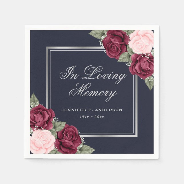 Blue Red Pink Silver Floral Funeral Memorial Napkins (Front)
