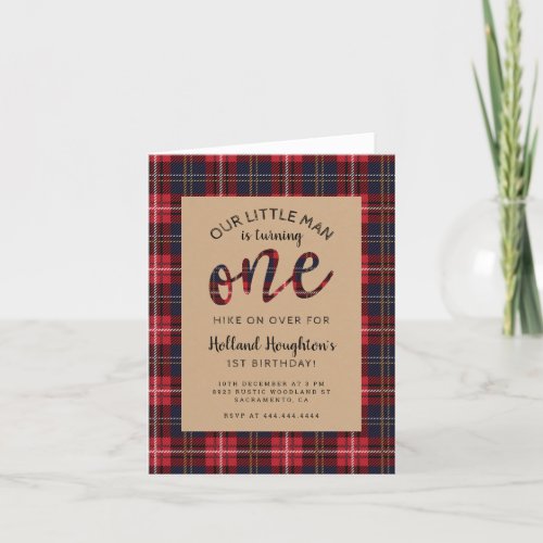 Blue Red Plaid Little Man Lumberjack 1st Birthday Invitation