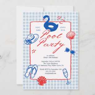 Blue Red Playful Illustrated Pool Party Summer  Invitation
