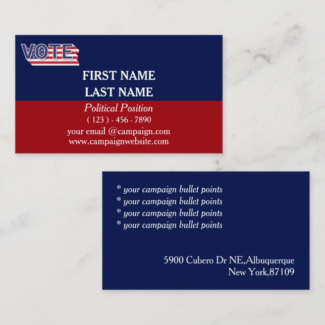 Blue & Red Political Campaign  Business Card (Front/Back)