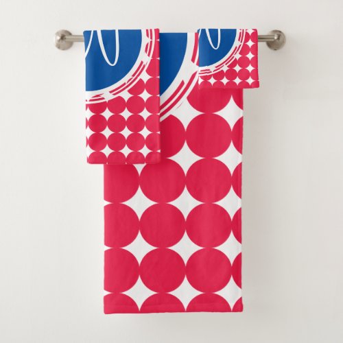 Blue  Red Polka Dot Monogram Bath Towel Set