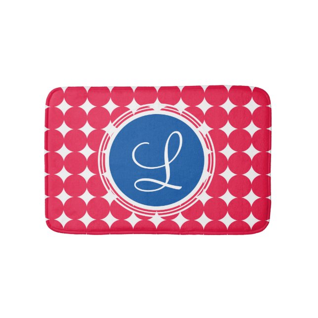 Blue & Red Polka Dot Monogram Bathroom Mat (Front)