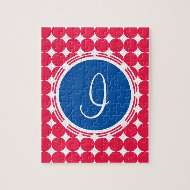 Blue & Red Polka Dot Monogram Jigsaw Puzzle (Vertical)