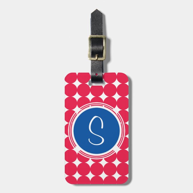 Blue & Red Polka Dot Monogram Luggage Tag (Front Vertical)