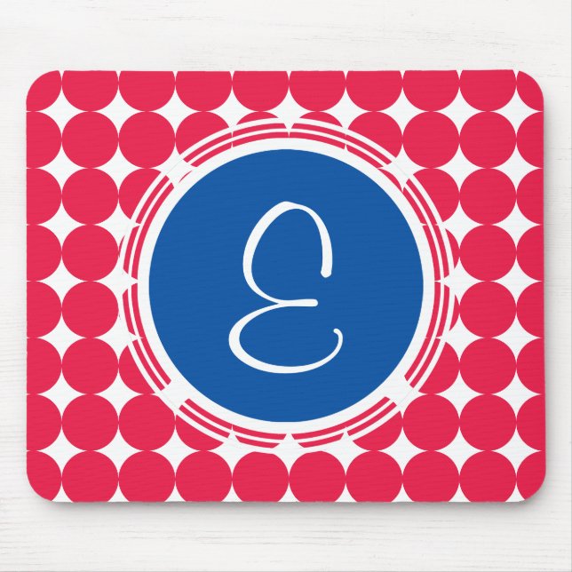 Blue & Red Polka Dot Monogram Mouse Pad (Front)