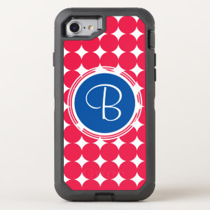 Blue & Red Polka Dot Monogram OtterBox Defender iPhone SE/8/7 Case