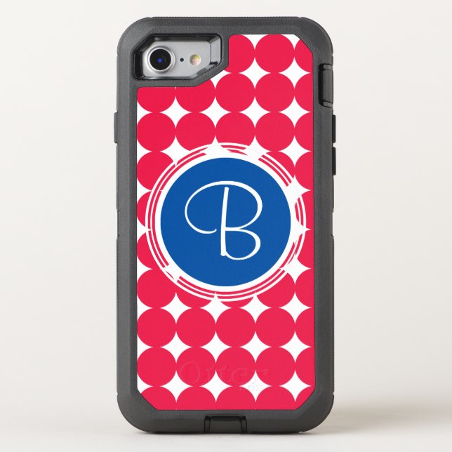Blue & Red Polka Dot Monogram Otterbox iPhone Case (Back)