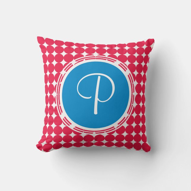 Blue & Red Polka Dot Monogram Throw Pillow (Front)