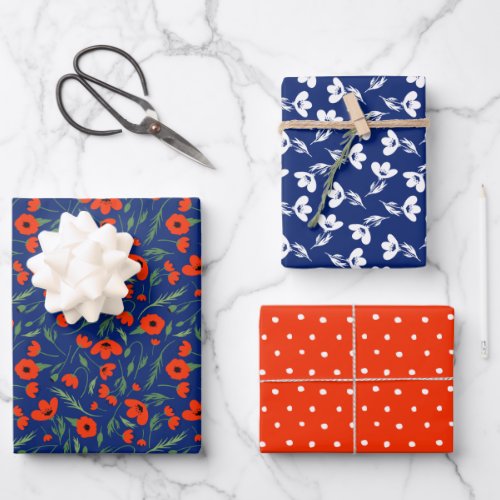 Blue Red Poppies Mixed Floral Pattern  Polka Dots Wrapping Paper Sheets