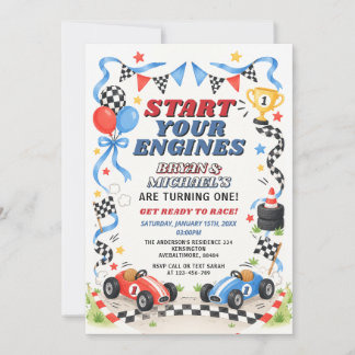 Blue & Red Race Car Sibling Start Engines Birthday Invitation