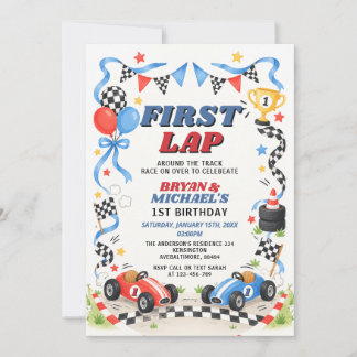 Blue & Red Race Car Twin Sibling 1st Lap Birthday Invitation