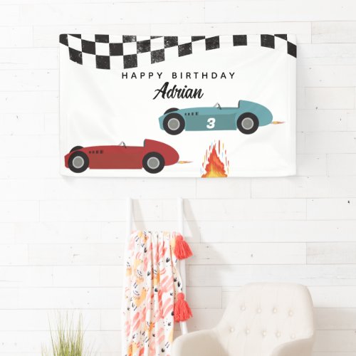 Blue Red Race Fast Retro Racing Cars Birthday Banner