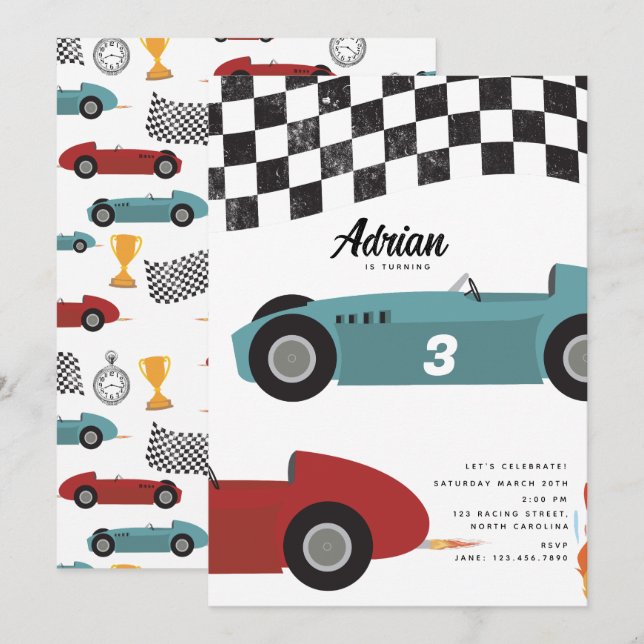 Blue Red Race Fast Retro Racing Cars Birthday Invitation (Front/Back)