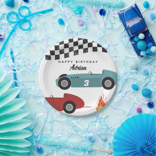 Blue Red Race Fast Retro Racing Cars Birthday Paper Plates (Party)
