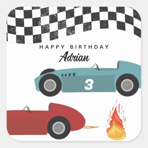 Blue Red Race Fast Retro Racing Cars Birthday Square Sticker