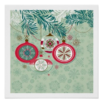 Blue & Red Retro Christmas Ornaments Poster by GroovyFinds at Zazzle