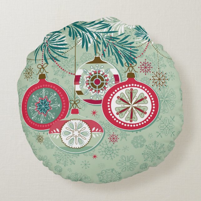 Blue & Red Retro Christmas Ornaments Round Pillow (Back)