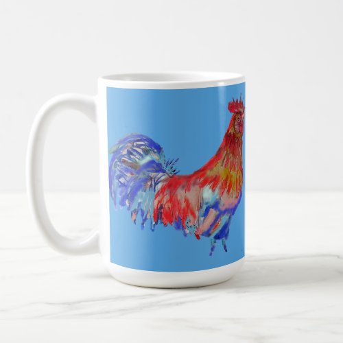 Blue Red Rooster Cockerel Chicken Art Mug