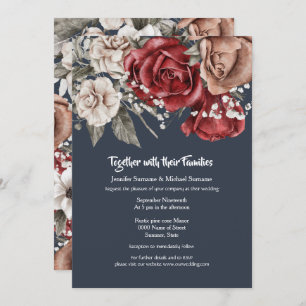 Blue red rose watercolor bouquet vintage botanical invitation