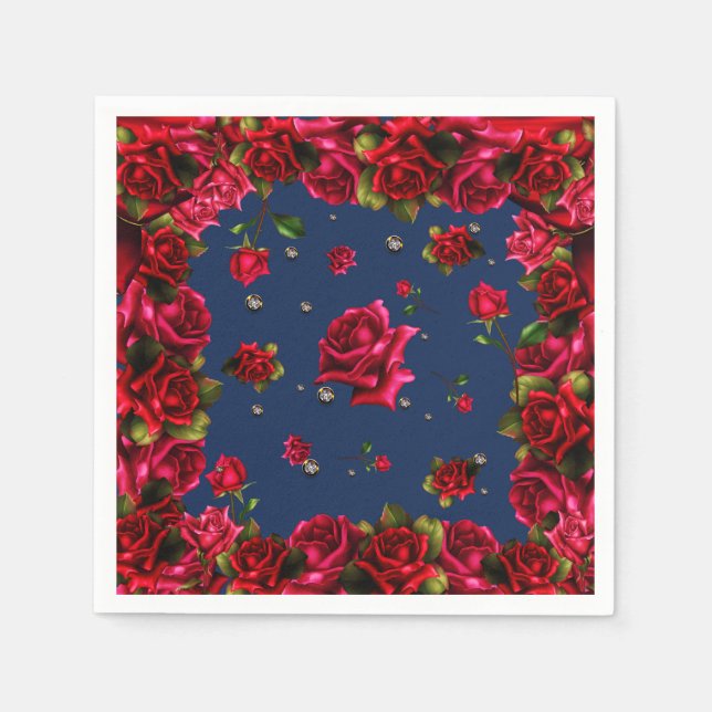 Blue Red Roses & Diamond Bling Elegant Party Napkins (Front)