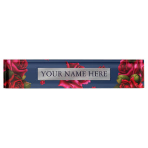 Blue & Red Roses Floral Personalized Name Plate