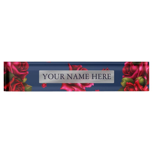 Blue & Red Roses Floral Personalized Name Plate (Front)