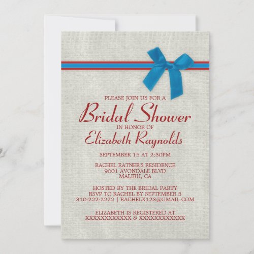 Blue &amp; Red Rustic Burlap Bridal Shower Invitations