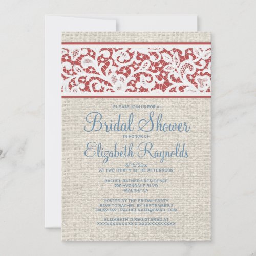 Blue Red Rustic Burlap Linen Bridal Shower Invites
