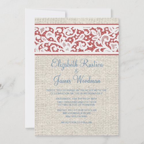 Blue &amp; Red Rustic Burlap Linen Wedding Invitations