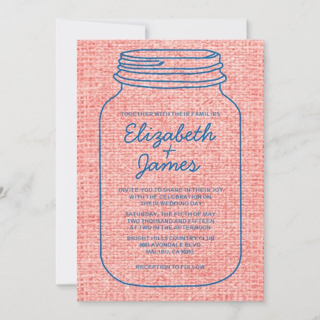 Blue & Red Rustic Mason Jar Wedding Invitations (Front)