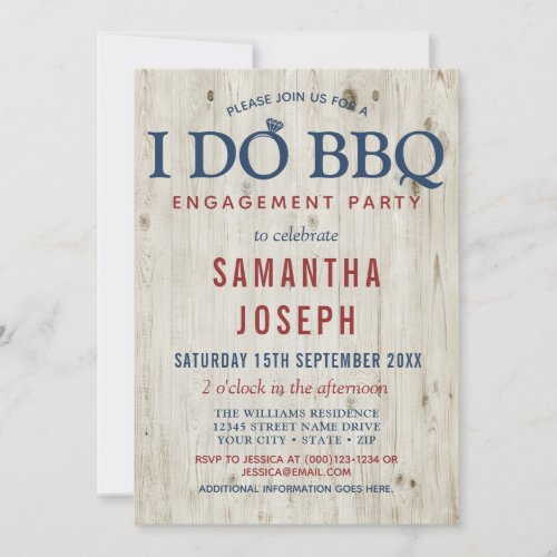 Blue  Red Rustic Wood Engagement Party Invitation