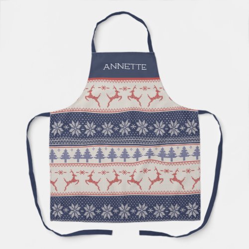 Blue Red Scandinavian Christmas Pattern Custom Apron