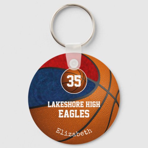 blue red school colors girls basketball team keychain