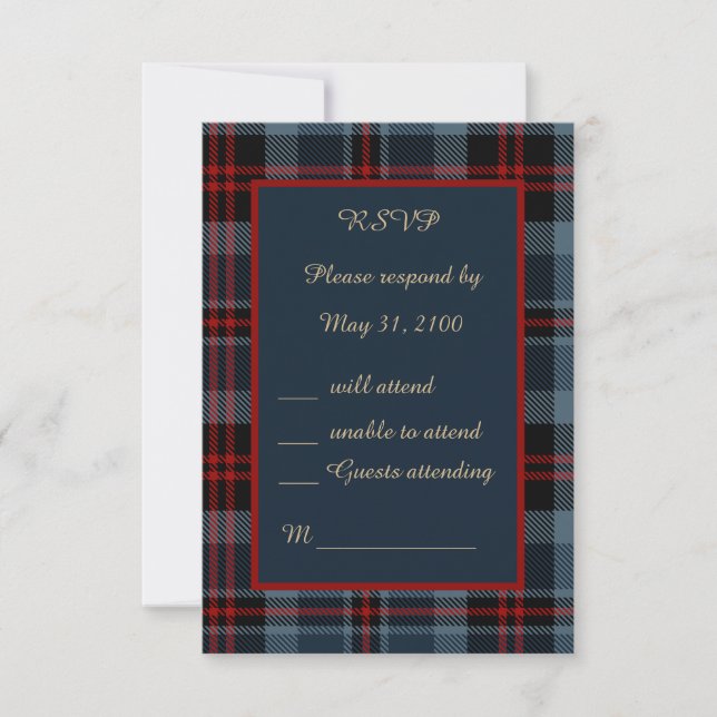 blue red scottish wedding celtic tartan plaid RSVP card (Front)