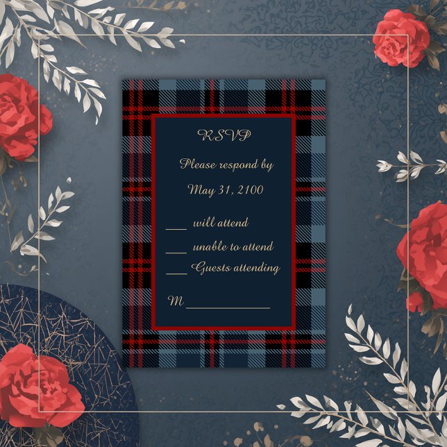 blue red scottish wedding celtic tartan plaid RSVP card (Creator Uploaded)