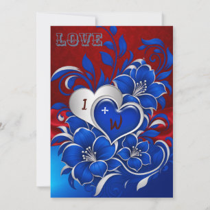 Blue Red Scrolls Hearts Wedding Invitation