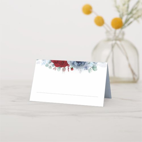 Blue Red Shades Flowers Elegant Boho Wedding Place Card