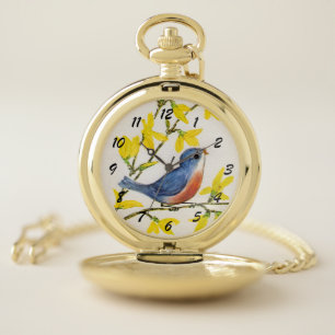 Blue Red Singing Bird on Branch Yellow Flowers Pocket Watch