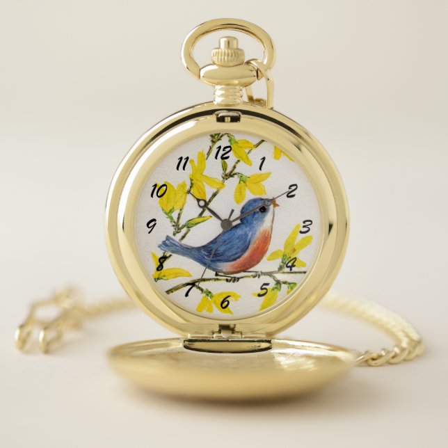 Blue Red Singing Bird on Branch Yellow Flowers Pocket Watch (Inside)