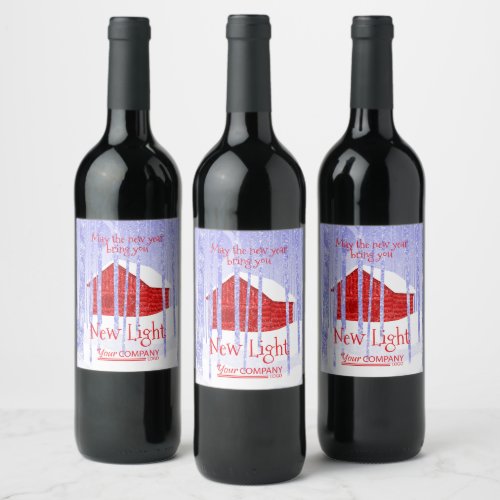 Blue Red Snow Cabin Christmas Wine Label