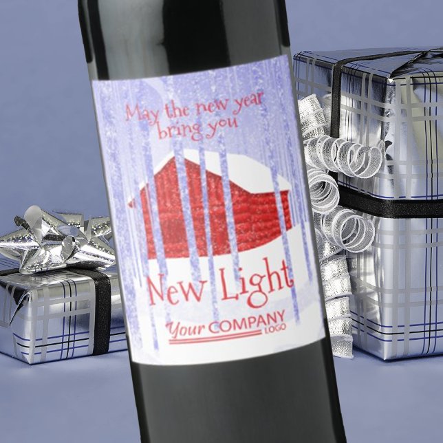 Blue, Red Snow Cabin Christmas Wine Label (company Christmas logo wine labels, corporate holiday stickers, red blue winter snow cabin scene)