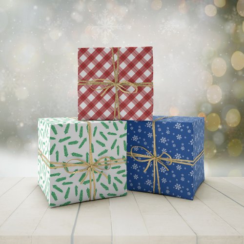 Blue Red Snowflakes Pine Plaid Holiday Patterns Wrapping Paper Sheets