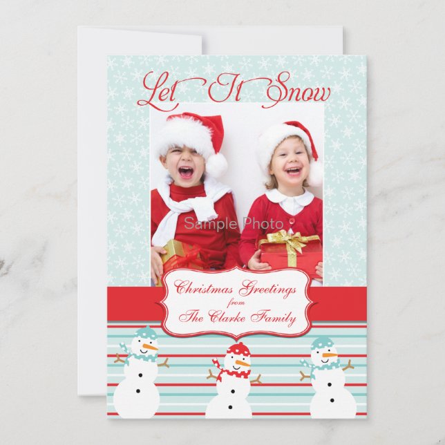 Blue Red Snowman Christmas Photo Card (Front)
