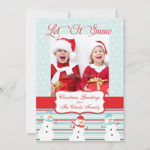 Blue Red Snowman Christmas Photo Card