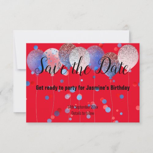 BLUE RED SPOT BALLOON RED SAVE THE DATE RSVP CARD