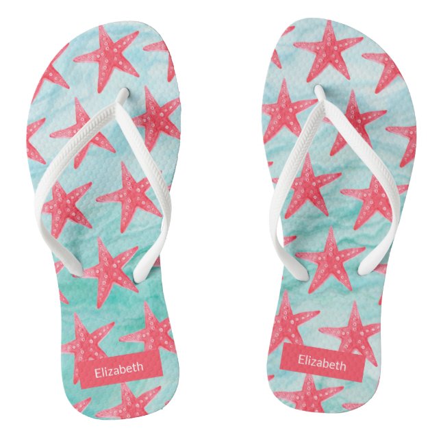 Blue Red Star Fish Beach Pattern Flip Flops (Footbed)