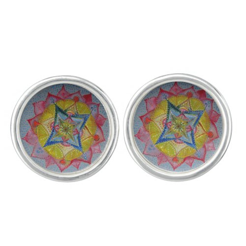 Blue Red Star Mandala  Cufflinks Silver Plated Cufflinks